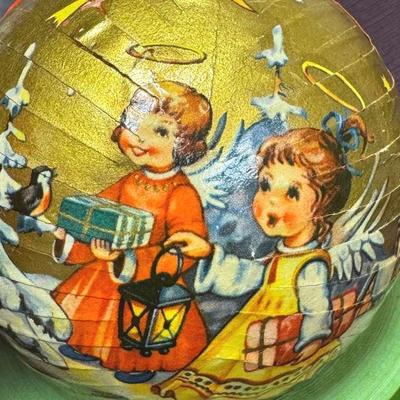 Lot 132:  Vintage German Papier-Mâché Christmas Ornament Ball with Angels