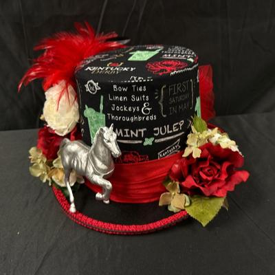 Lot 419: Ms. Purdy Original Kentucky Derby Hat with Horse, Roses, and Red Feather