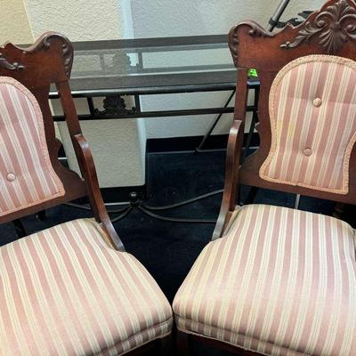 Lot 119:  Pair Of Antique Victorian-Style Carved Wood Side Chairs with Upholstered Seats