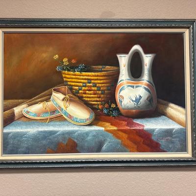 Lot 501: Southwestern Still Life Oil Painting – Moccasins, Wedding Vase & Basket – Signed K. Hoskin