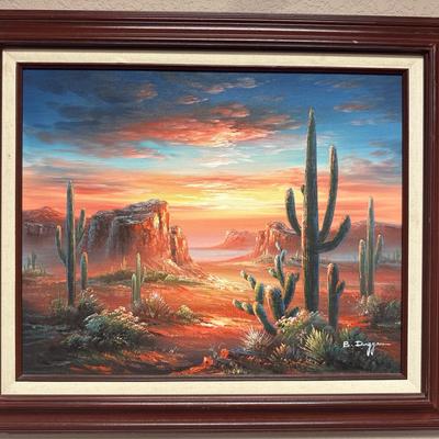 Lot 503: Framed Southwestern Desert Sunset Oil Painting – Signed B. Duggan – 25” x 21.5”