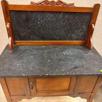Lot 140:  Antique Oak Washstand with Black Marble Top & Backsplash