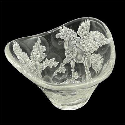 Lot 004-097 
Pegasus Carved Art Glass Center Piece Bowl, Signed