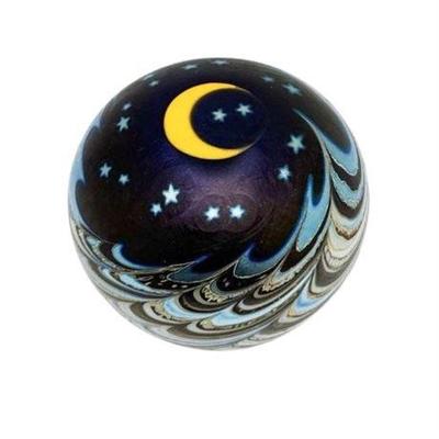 Lot 083-001  
1985 Lundberg Studios Art Glass Paperweight Crescent Moon Stars Waves