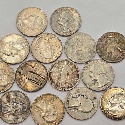 1408 • (14) 90% silver washington & standing liberty quarters, 86.3g
