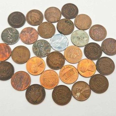 1514 • (29) steel pennies, indian head & lincoln pennies, 90.4g
