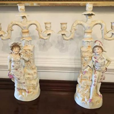 Pair of German Hand-Painted Porcelain Figural Candelabras (Late 19th/Early 20th Century)