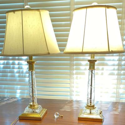 Pair of Elegant Glass & Brass Table Lamps with Silk Shades
