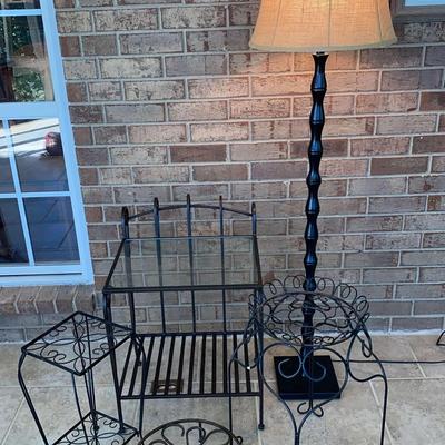 Wrought Iron Plant Stands, Glass-Top Table & Floor Lamp