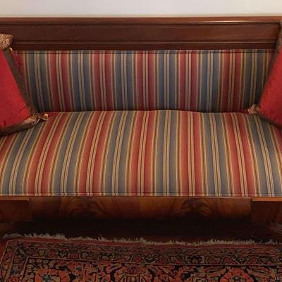 Hand-Carved Wooden Frame Sofa with Striped Upholstery