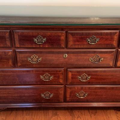 Classic Long Wooden Dresser with Glass Top