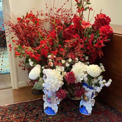 Victorian Hand-Painted Vases with Faux Floral Arrangements