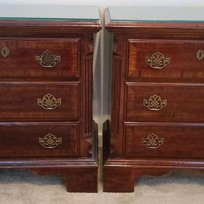 Pair of Chippendale-Style Wooden Nightstands with Glass Tops