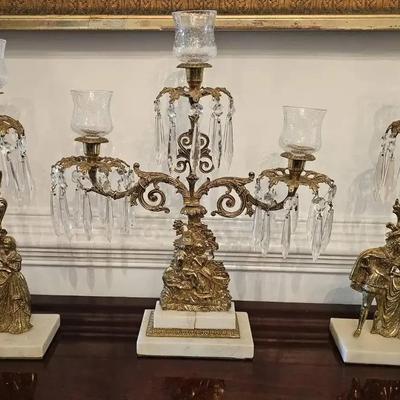 Antique French Brass & Crystal Girandole Mantel Candelabra Set with Marble Bases