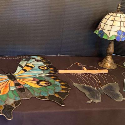 Stained Glass Lamp, Butterfly Art & Glass Wind Chime
