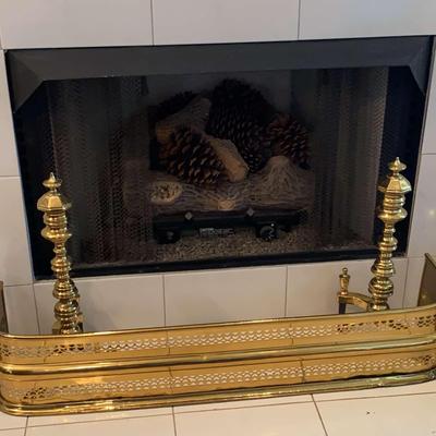 Elegant Brass Fireplace Set with Andirons and Accessories
