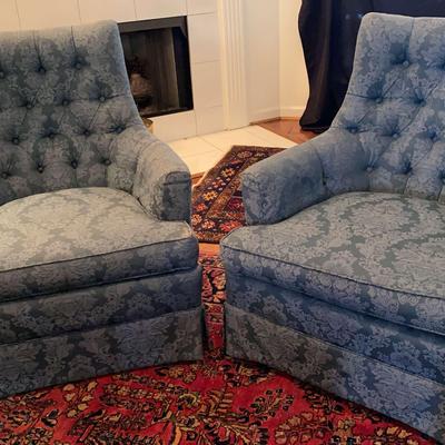 Pair of Vintage High-Back Chairs with Blue Brocade Upholstery
