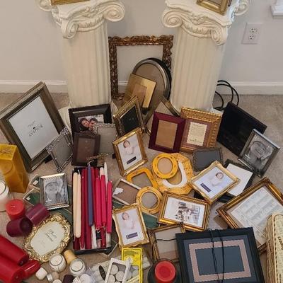 Pair of Large Plaster Columns with Picture Frames and Candle Collection