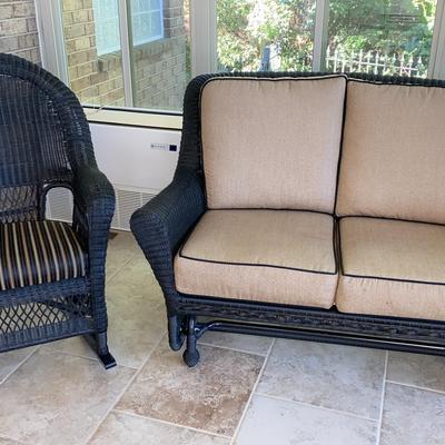 Black Wicker Sunbrella Glider Loveseat & Matching Armchair