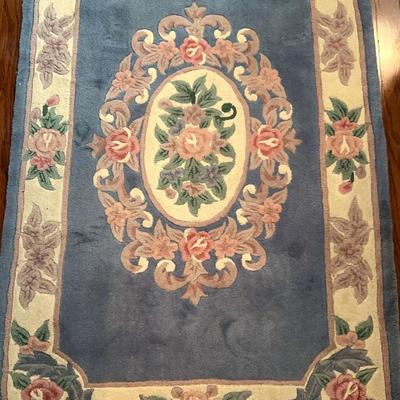 Floral, Blue-Toned Area Rug with Fringe