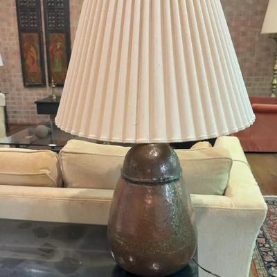 Sale Photo Thumbnail #102: Antique Copper Lamp with Pleated Shade - 31” Tall
