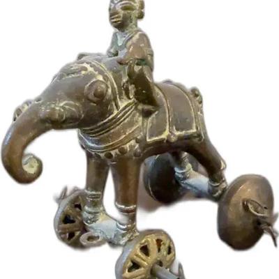 Sale Photo Thumbnail #101: Antique Indian Elephant with Rider on Wheels Temple Toy - 6” Tall
