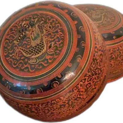 Sale Photo Thumbnail #29: Antique Hand Painted Burmese Laquer Bowl Lacquerware - Set of 2
