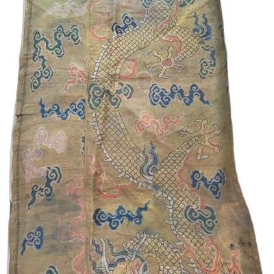 Antique Dragon Silk Embroidered Textile with Tibetian Mantra Prayer - 51” x 22”
