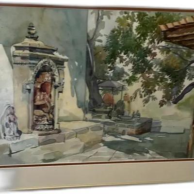 Sale Photo Thumbnail #79: Original Ratna Dip Watercolor Painting - Temple Scene
