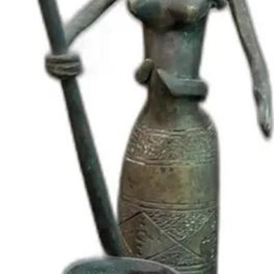 Vintage Bronze African Figure with Mortar and Pestle - 9” Tall
