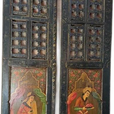 Sale Photo Thumbnail #8: Antique Hand-Painted Carved Iranian Wooden Doors - 5’5” x 14” Each Panel
