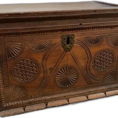 Sale Photo Thumbnail #61: Antique Hand-Carved Wooden Chest - 21” x 13”
