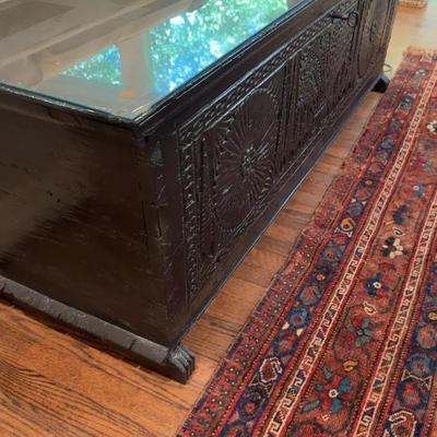 Sale Photo Thumbnail #45: Black Carved Wooden Chest Console with Glass Top - W5’1” x H22” x D19”
