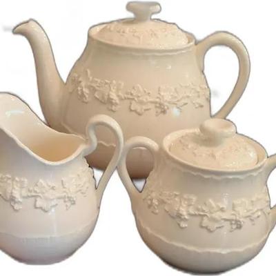 Sale Photo Thumbnail #110: Wedgewood Cream-Colored Tea Set with Grapevine Design
