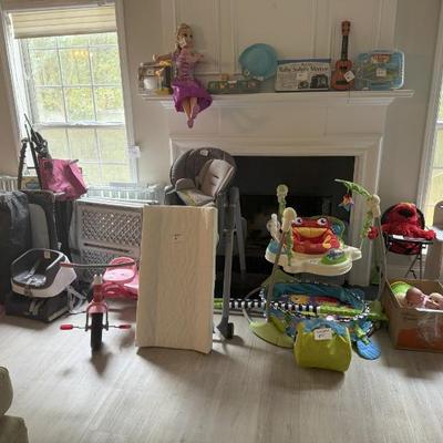 Baby gear from pack and plays to high chair and baby bouncer. Toys and books galore!