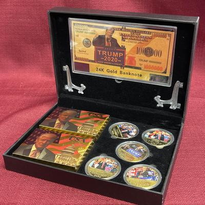Donald Trump 2020 Collector's Gift Set #3 - 5 Coins - 24K Gold $1M Bill - 2 Decks Of Trump Cards