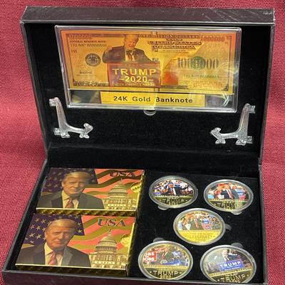 Donald Trump 2020 Collector's Gift Set #7 - 5 Coins - 24k Gold $1m Bill - 2 Decks Of Trump Cards
