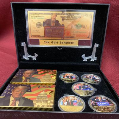 Donald Trump 2020 Collector's Gift Set #5 - 5 Coins - 24k Gold $1m Bill - 2 Decks Of Trump Cards 