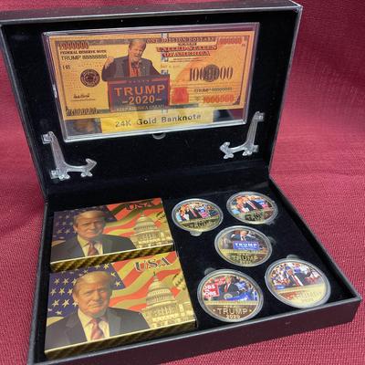 Donald Trump 2020 Collector's Gift Set #4 - 5 Coins - 24K Gold $1M Bill - 2 Decks Of Trump Cards
