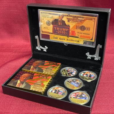 Donald Trump 2020 Collector's Gift Set #8 - 5 Coins - 24k Gold Bill - 2 Card Decks w/ 2024 Keychain