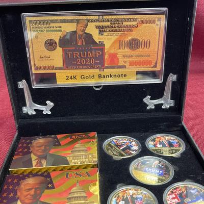 Donald Trump 2020 Collector's Gift Set #11 - 5 Coins - 24k Gold $1m Bill - 2 Decks Of Trump Cards 