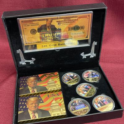 Donald Trump 2020 Collector's Gift Set #9 - 5 Coins - 24k Gold $1m Bill - 2 Decks Of Trump Cards