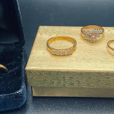 14K Gold Electroplate Pink Marquis, Flower Rings and 5 Stone Gold Band