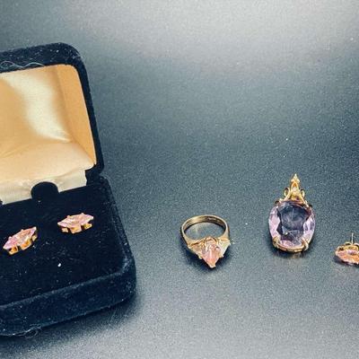 18K Gold Electroplate Pink/CZ Ring, Pink Marquis Stud Earrings and Amethyst Pendant