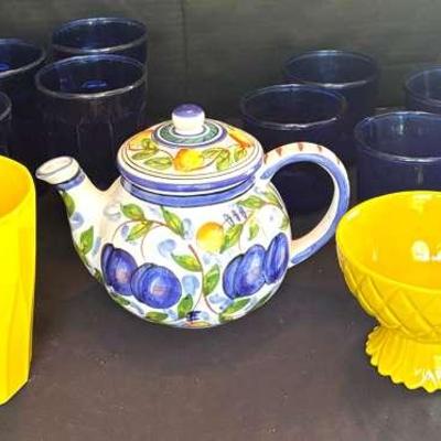 Blue & Yellow Glassware and Ceramic Collection with Hand-Painted Teapot