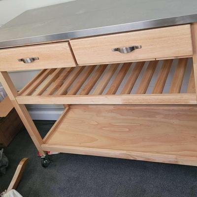 Wood Stainless-Steel Top Kitchen Worktable with Storage