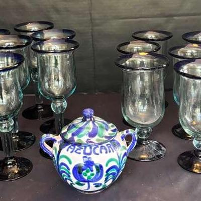 Mexican Hand-Blown Glassware with Spanish Sugar Dish
