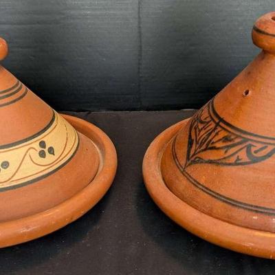Pair of Hand-Painted Moroccan Clay Tagine Pots