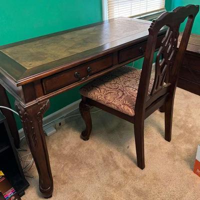 Wood Desk with Leather Map Inlay & Matching Chair
