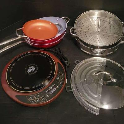 Induction Cooktop with Copper-Style Pans & Stainless Steamer